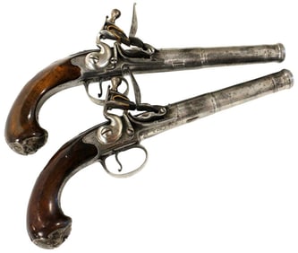 A RARE PAIR OF IRISH 20 BORE FLINTLOCK SILVER-MOUNTED TURN-OFF PISTOLS BY COLLINS