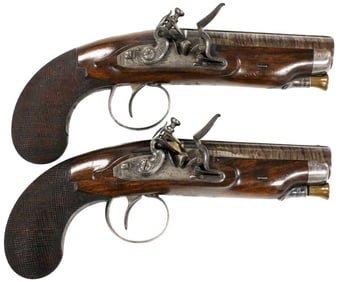 A PAIR OF 20 BORE FLINTLOCK TRAVELLING PISTOLS SIGNED HAMBLING, BIRMINGHAM PROOF MARKS, CIRCA 1830