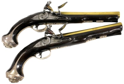 A PAIR OF 18 BORE FLINTLOCK SILVER-MOUNTED HOLSTER PISTOLS, BY HEYLIN, CORNHILL, LONDON