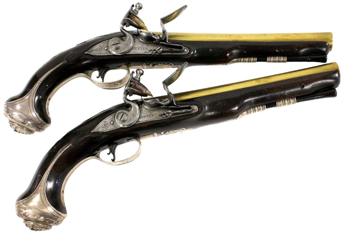 A PAIR OF 18 BORE FLINTLOCK SILVER-MOUNTED HOLSTER PISTOLS, BY HEYLIN, CORNHILL, LONDON (1 of 20)