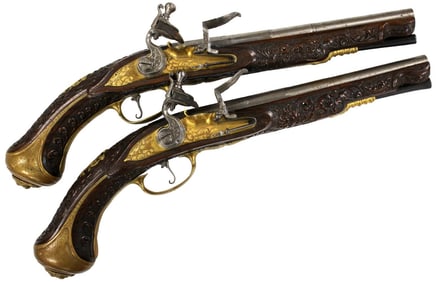 A PAIR OF COMPOSITE CONTINENTAL 32 BORE FLINTLOCK PISTOLS, THE ITALIAN LOCKS SIGNED G. LANDI