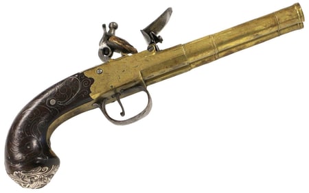 A 50 BORE FLINTLOCK BOX-LOCK D.B. TURN-OFF PISTOL BY MEWIS & CO, BIRMINGHAM SILVER HALLMARKS FOR