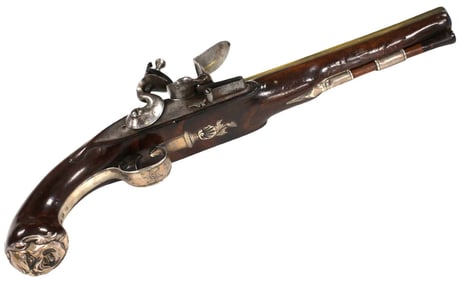 A 22 BORE FLINTLOCK SILVER MOUNTED PISTOL, 18TH CENTURY