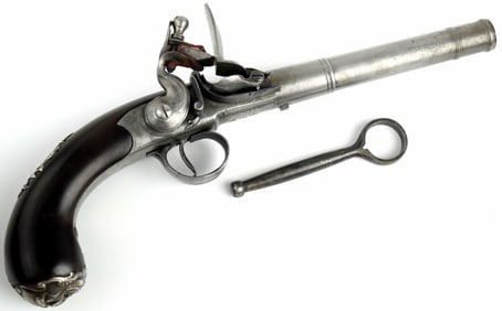 Very Nice 18th C. English Queen Ann's Silver Mounted Flintlock Pistol by G. GILL, Richmond. With