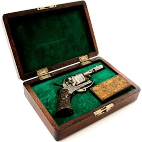 Lovely Quality Engraved Belgian or French 1840s Boxed Revolver Pinfire Pistol by LEFAUCHEUX