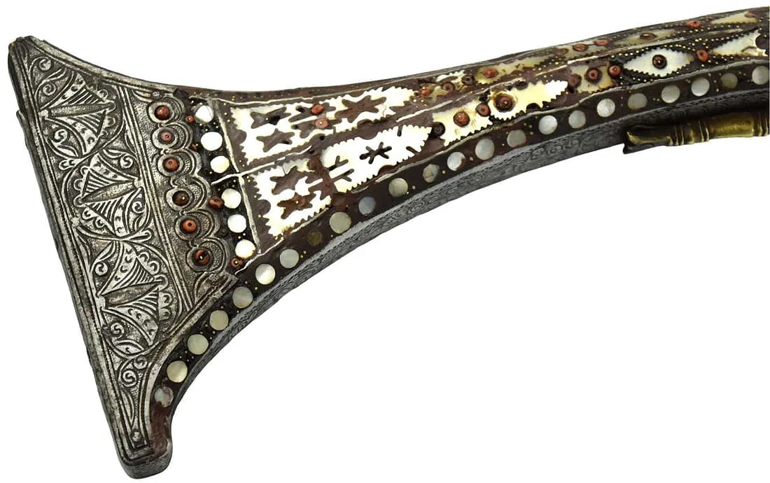 Very Fine 19th C. Albanian Long Rifle with Coral & Mother of Pearl Inlaid Stock: Very Fine 19th C. Albanian Long Rifle with Coral & Mother of Pearl Inlaid Stock, Chiseled and Engraved Steel & Brass Mounts. Islamic Cartouche to Damascus Barrel, 1805 Dated Lock. Total length: 60 3/4