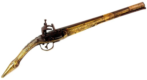 Very Nice 19th C. Ottoman Balkan Albanian Miquelet Pistol in Ornate Engraved Brass & Silver Mounts.