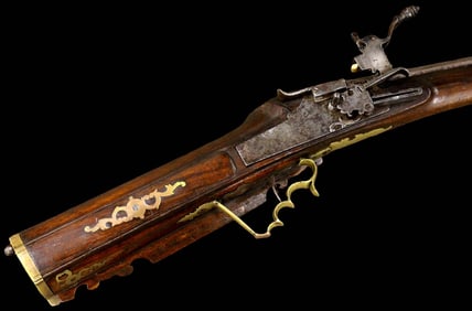 Massive 16th-17th C. Austrian Large Bore Whellock Rifle in Brass Furniture, Barrel with Maker Marks.