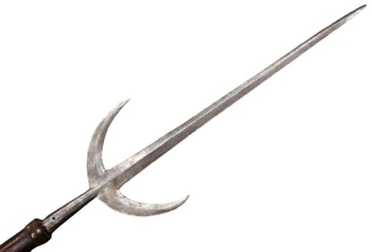 Rare Italian or English 16th-17th C. Trident Fork Spear Lance Polearm Halberd with Carved & Brass