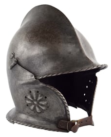 Rare 17th C. English German or Dutch BURGONET Helmet with Ornate & Pierced Ear Flaps.