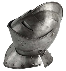 Very Rare 16th-17th C. English or German Closed BURGONET Helmet with Battle Scar to the Skull, Most