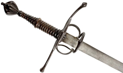 Beautiful 16th-17th C. German Saxon Swept Hilt Rapier Sword with Blued Iron Hilt, Carved Wood Grip &