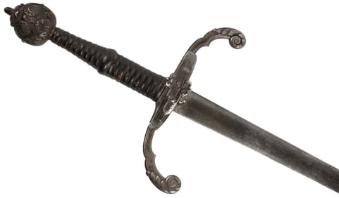 Beautiful French or Spanish Large Rapier Sword with Chiseled Iron Hilt Mounts, Original Leather &