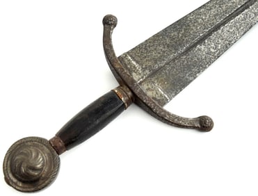 Antique Italian CHINQUEDIA Short Sword with Chiseled Steel Mounts and Strong Broad Blade.