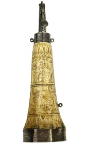 Fabulous 16th-17th C. French or Italian Bone Powder Flask with Intricate Scrimshaw Scenes of Throned