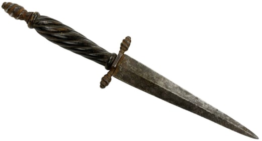 Nice 17th C. Italian or French Stiletto Dagger with Carved Black Wood Grip & Chiseled Iron Mounts.