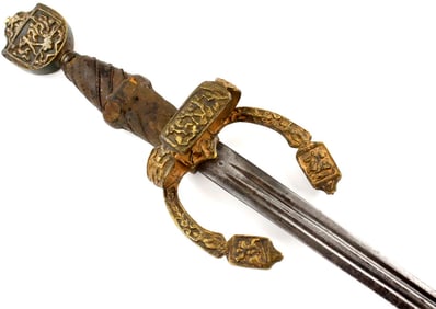 Ornate French Ceremonial Rapier Sword of 16th-17th C. Style with Relief Figural Brass Mounts & Maker