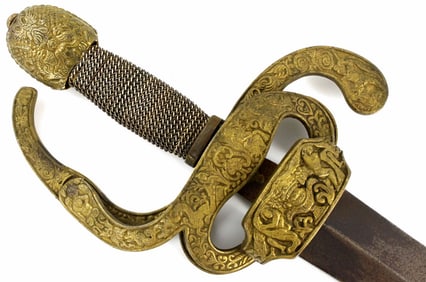 Beautiful Austrian Hungarian Massive Swept-hilt Rapier Broad Sword with Inscribed Blade & Gilt Brass