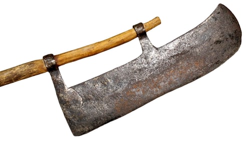 Antique Early Chinese Warrior's Polearm Battle Axe with Strong Iron Head & Original Wood Shaft.