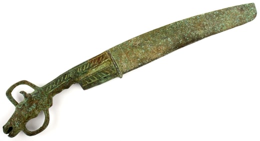 Highly Ornate Ancient type Chinese or Luristan Bronze Dagger. with Lovely Horse Grip.