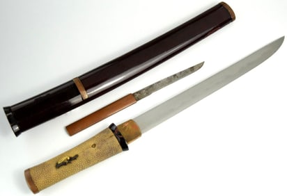 Good KOTO era Japanese Samurai TANTO Dagger in Copper & Lacquer Mounts, Signed Kozuka, Fine Active