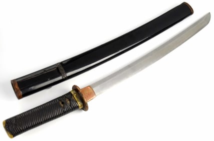 Koto wakizashi, 14 inch length of cutting edge. The blade is signed Nobumitsu Saku, ca. 1500s