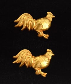 Antique Pair of Solid Gold Rooster MENUKI Japanese Samurai Sword / Dagger Mounts.