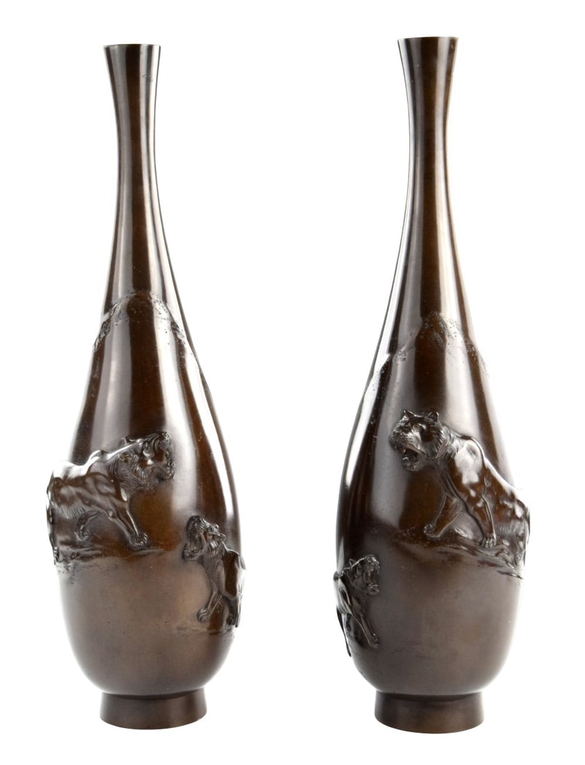 Pair Meiji Period Japanese Bronze Mirrored Vases: PAIR Meiji Period signed Japanese bronze vases depicting raised tigers. Late 19th Century.Signed on the bottom. Provenance: private Asian antique collector estate, Denver, Colorado Size: 18 1/2"H, Dia
