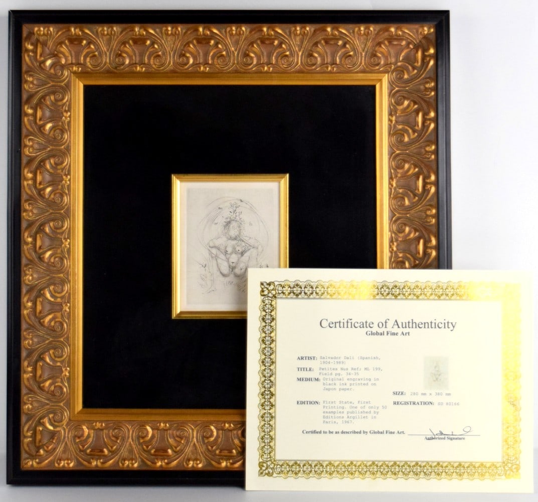 Salvador DalÃ­Â­ Petites Nus (From Apollinaire) Original Engraving: Original engraving in black ink on Japon paper "Petites Nus" by Salvador Dali (1904-1989). First state, first printing. One of only 50 examples published by Editions Argillet in Paris, 1967. Comes wit