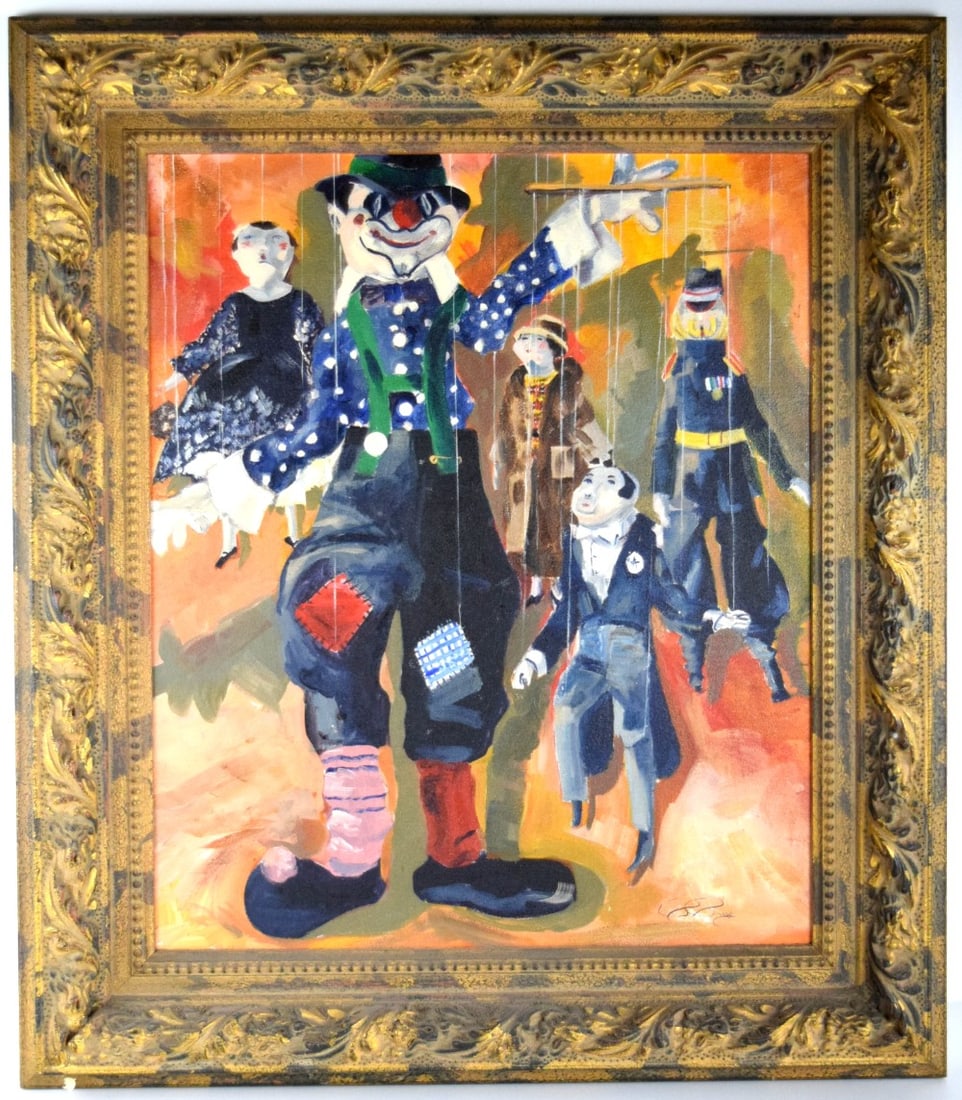 Oil On Canvas Painting Clown with Puppets (1 of 10)