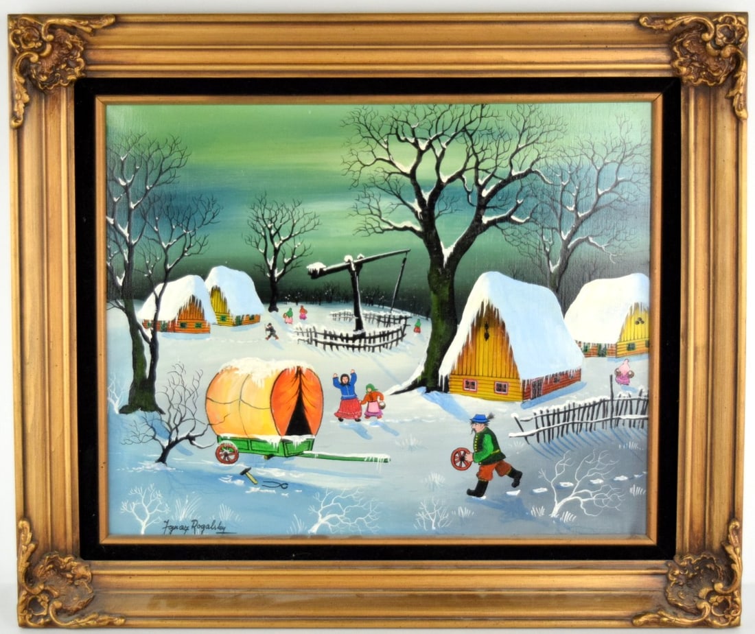 German Ignaz Rogalsky Oil On Canvas Painting: Fine German folk art oil on canvas by Ignaz Rogalsky. Wintertime village with snowy fields and small town snow covered houses. Signed lower left Ignaz Rogalsky. Size: 25 5/8" x 21 1/2" framed, Image :