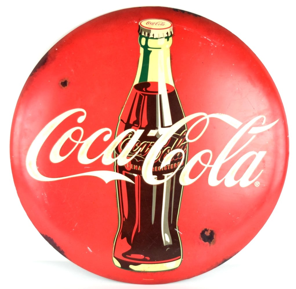 Original 1950/60s Coca Cola Red Metal Button Sign With Coke Bottle (1 of 7)