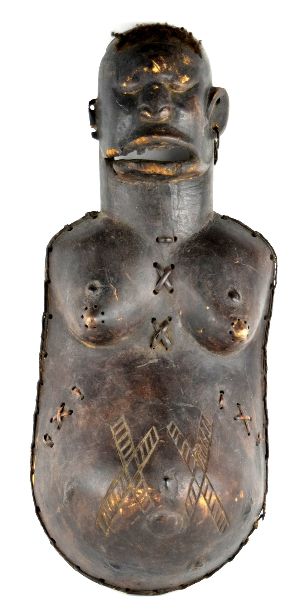 Rare Antique Makonde Female Body Mask Tanzania: Fine Makonde female body mask, Tanzania. Size: 28 1/2" x 11 1/2" x 7 1/2". The rounded abdomen decorated with geometric designs. The female body mask was part of the costume of a special ndimu masker