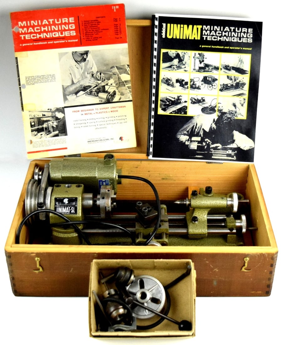 UNIMAT -SL DB200 LATHE WITH WOODEN CASE: Unimat - SL, Austria, "DB 200" miniature lathe. This very well-equipped machine comes with its original case. Extra accessories. Case Size: 17 1/4" x 10 1/2" x 5 3/4". Detailed condition