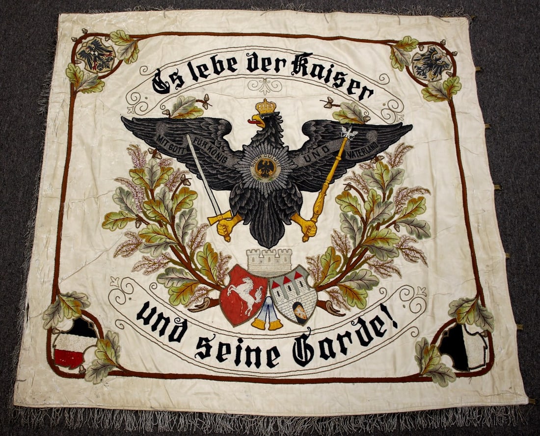 Very Fine Imperial German Flag: Very Fine Imperial German Flag with Imperial Eagle and coat of Arms. Featuring intricate embroidery and gold bullion work, commemorating service in conflicts. The banner includes the "With God for