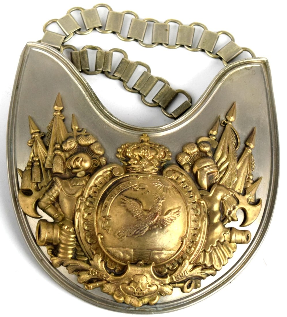 German Imperial Military Officer Gorget: German Imperial Military Officer Gorget. The elaborate design features a central crowned eagle emblem, typical of the Prussian coat of Arms. Size: 5 3/4" x 5 3/4". ~ . Detailed condition reports are n