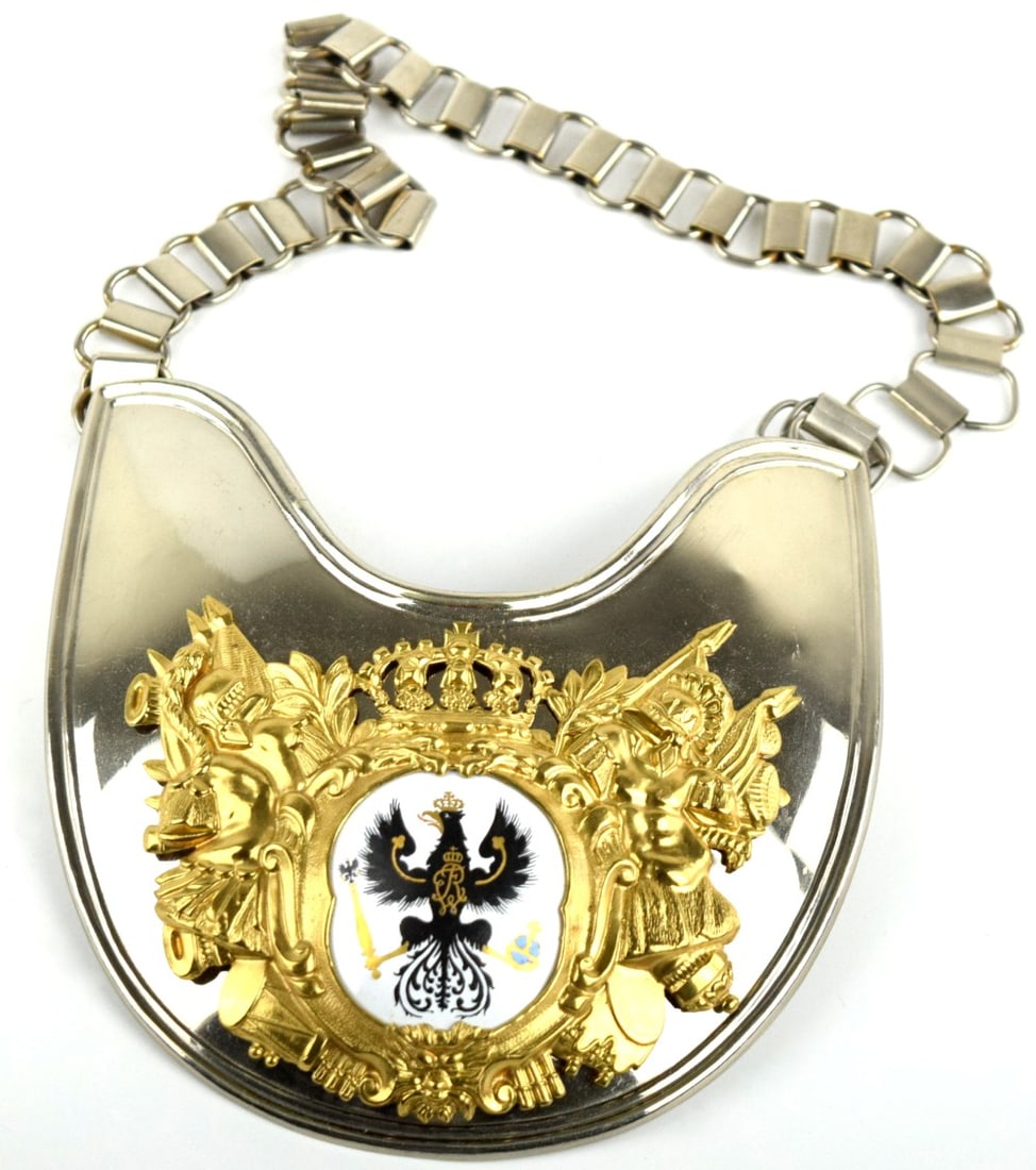 German Imperial Military Officer Gorget with White Enameled Eagle Emblem: German Imperial Military Officer Gorget with White Enameled Eagle Emblem. Size: 5 3/4" x 5 3/4". ~ . Detailed condition reports are not included in this catalog. For additional information,