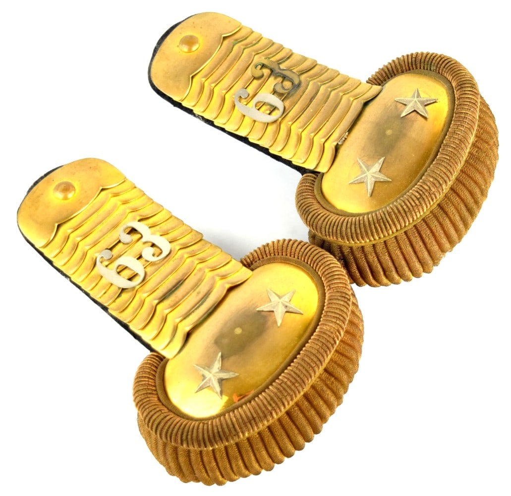 Antique US Military Officer Pair of gold-colored epaulettes: Antique US Military Officer Pair of epaulettes. likely from the late 19th or early 20th century, with the number "63" indicating a specific regiment or unit. Size: 7 1/2" x 5 1/4"~ . Detailed