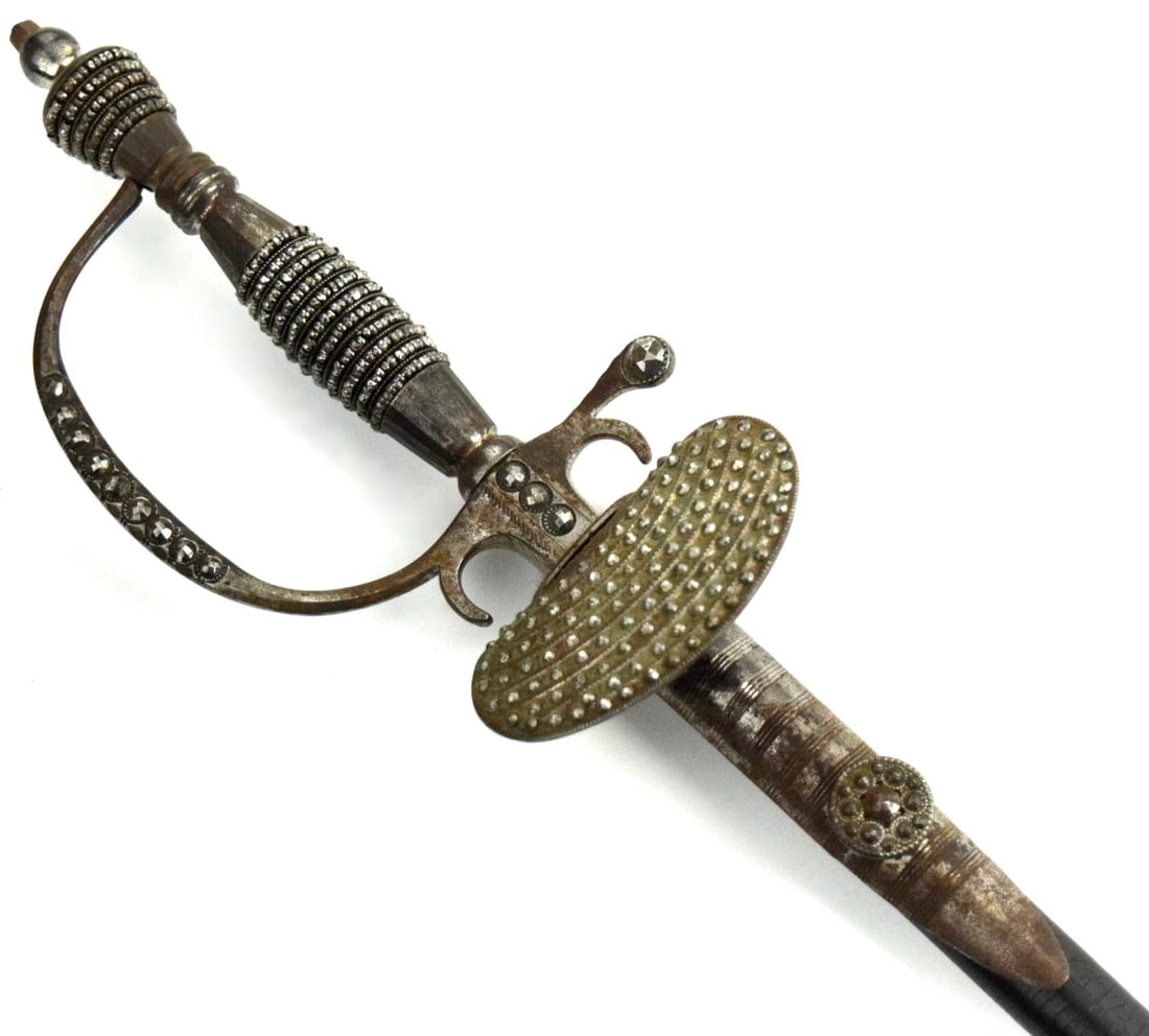 Very Ornate Late 18th or early 19th C. French or British Court or Dress Sword: Very Ornate Late 18th or early 19th C. French or British Court or Dress Sword Total length (inside scabbard if present) : 37 3/8", Blade length : 29 5/8". Detailed condition reports are not included i