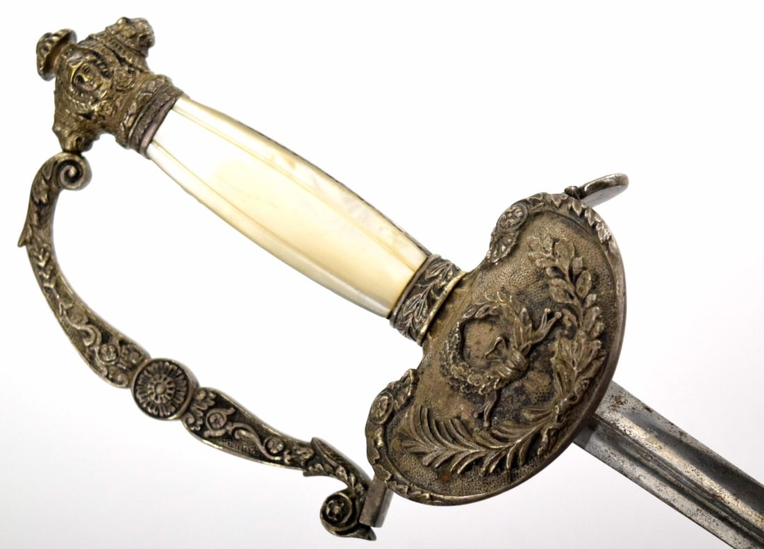 Late 18th - early 19th C. French Court or Dress Sword: Late 18th - early 19th C. French Court or Dress Sword. Engraved , triangular in cross cut blade marked near the guard Total length (inside scabbard if present) : 36", Blade length : 30 1/2". Detailed