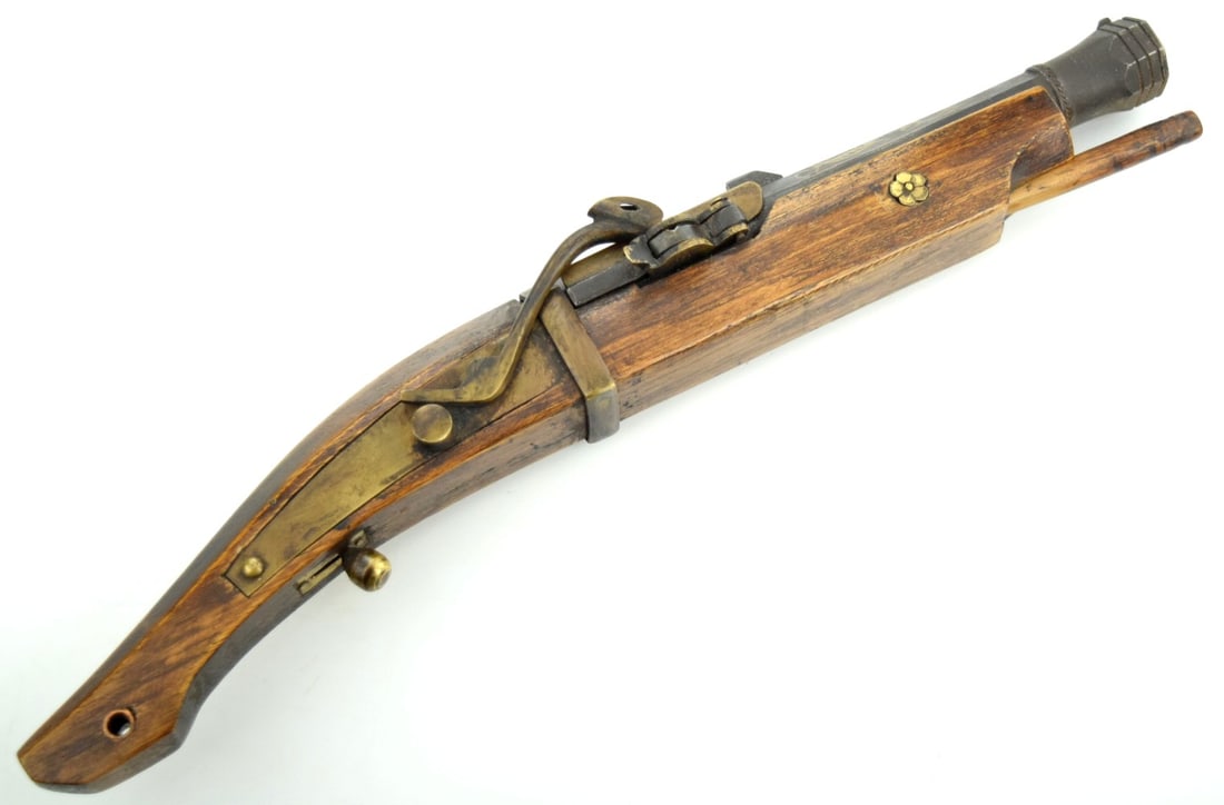 19th C. Japanese Hinawaju Matchlock Pistol (Tanegashima-Type), Gilt Decoration to Barrel,: Compact Japanese hinawaju (matchlock) pistol in classic Tanegashima form, with a straight-sided hardwood stock and faceted iron barrel. The pistol retains a traditional serpentine match holder and mat