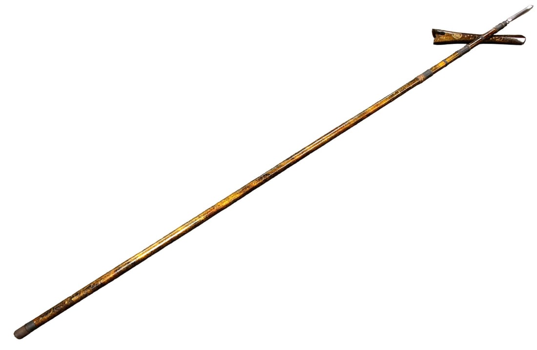 Very Fine Edo era Japanese Samurai YARI Spear Koshira with Fabulous Lacquered Finish Including Gold: Japanese yari spear comprised of a long, lacquered pole (ebony/black ground with gold "nashiji"/speckled-style decoration and scrolling motifs) fitted with multiple metal collar mounts. The weapon ret