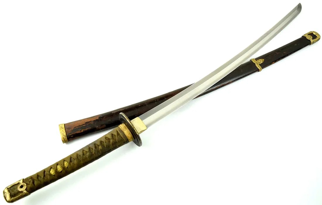 WW2-era Japanese Naval Kai Gunto Sword w original canvas storage bag: WW2-era Japanese Naval Kai Gunto, 23 inch blade, likely stainless steel with straight suguha hamon, includes original canvas storage bag. Total length (inside scabbard if present): 36 1/2", Blade leng