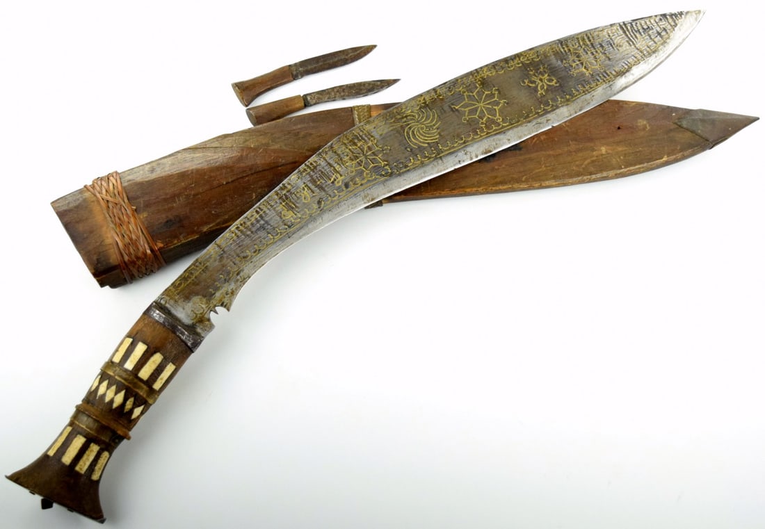 Antique Nepalese Kukri (Khukuri) with Inscribed Blade & Decorated Scabbard, plus Companion Knives (1 of 20)