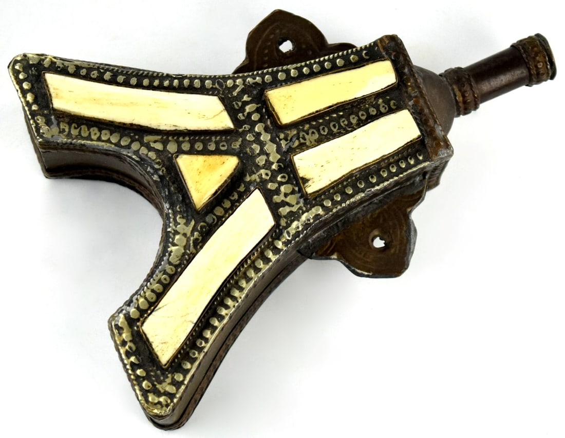 Antique Arabic Morocco Powder Flask Decorative Brass & Bone-Inlaid Gunpowder Flask (1 of 11)