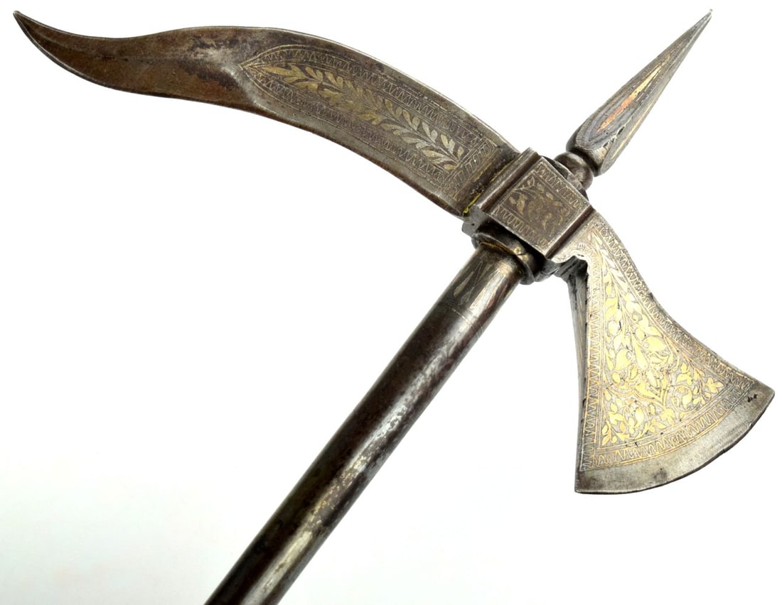 Antique Islamic Mughal Indian All-steel Fighting Axe / War Hammer with Silver Koftgari Floral (1 of 20)