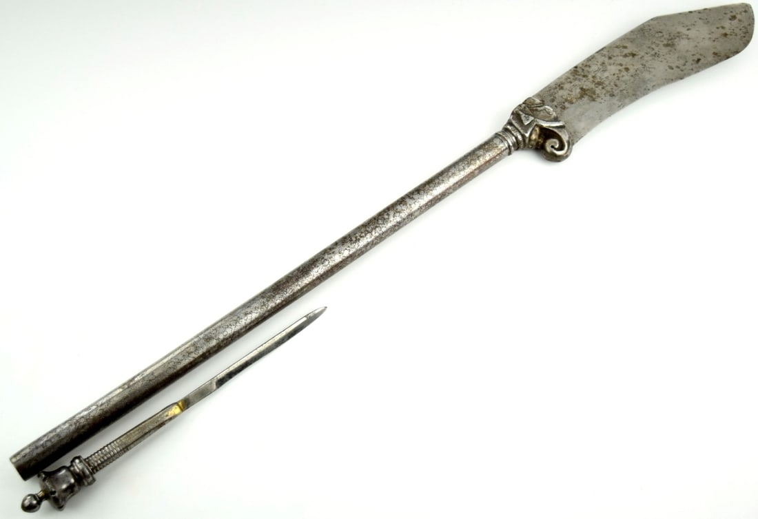 17thâ??18th C. Islamic / Mughal Indian Bhuj Battle Axeâ??Sword with Threaded Spike & Tubular (1 of 20)