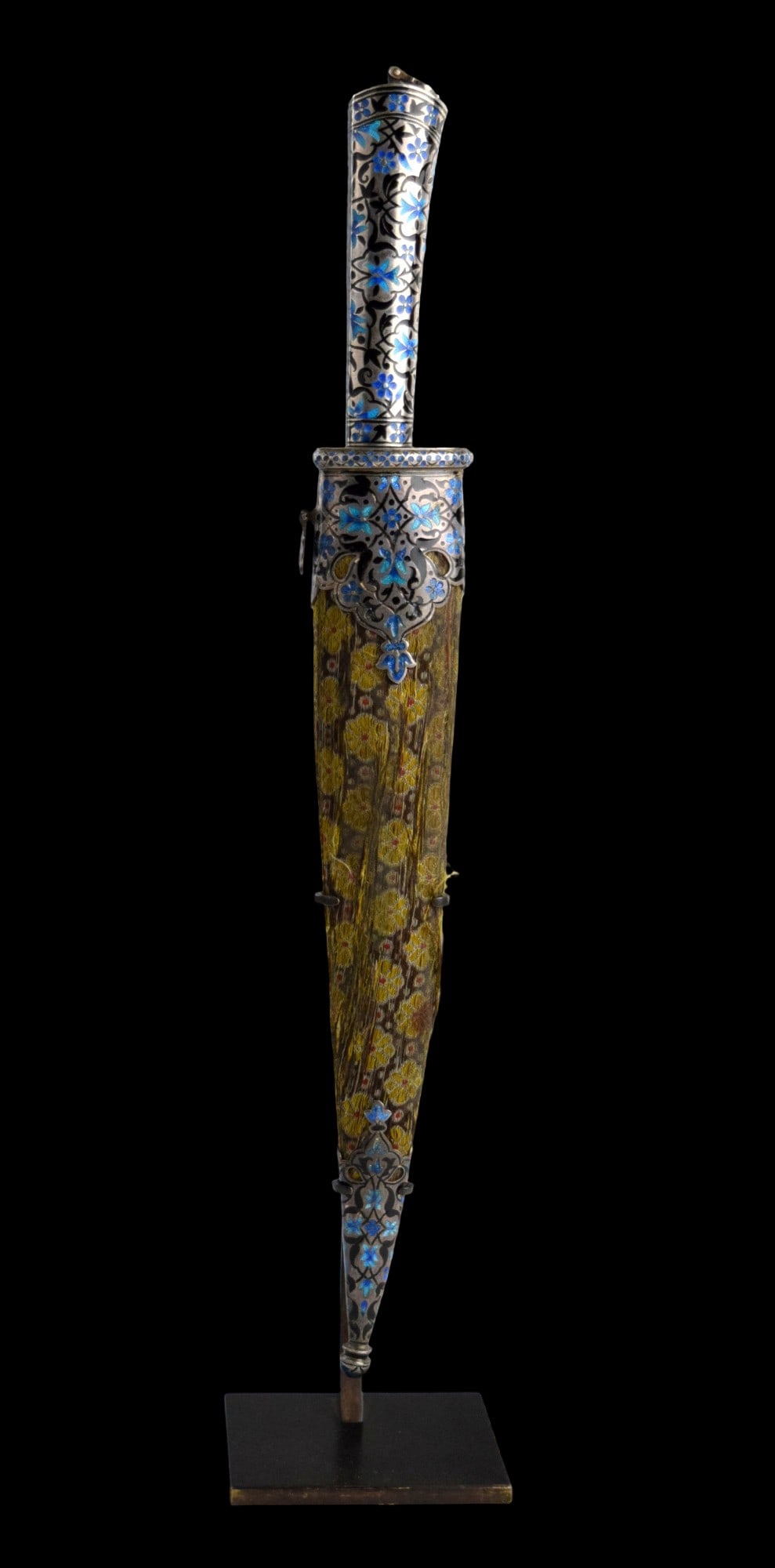 AN INDIAN ENAMELLED KARD DAGGER WITH ORIGINAL SCABBARD ON FRENCH BRONZE STAND (1 of 20)