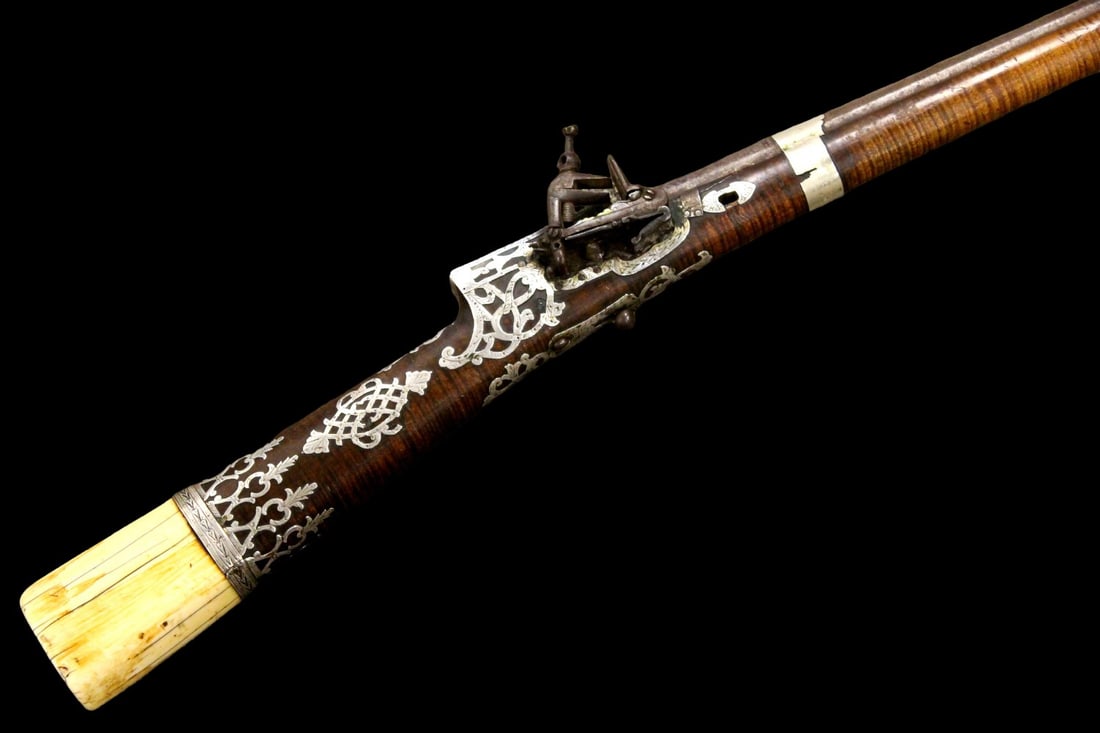 Super Rare 18th C. Turkish or Persian Silver-Inlaid Flintlock Long Gun / Rifle-Musket, Carved Stock (1 of 20)