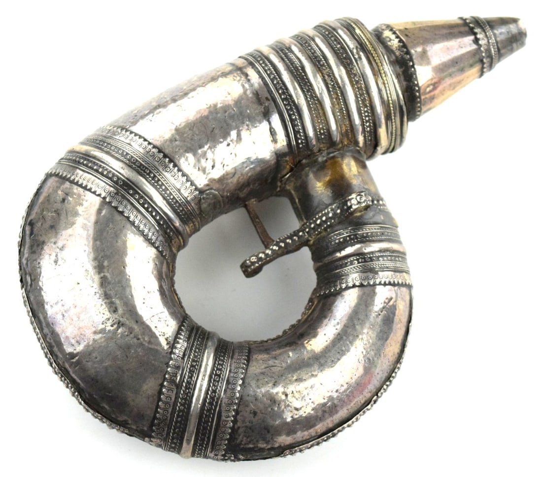 18thâ??19th C. Ottoman Powder Flask (Barutluk), Silvered & RepoussÃ© Horn Form with Brass (1 of 11)